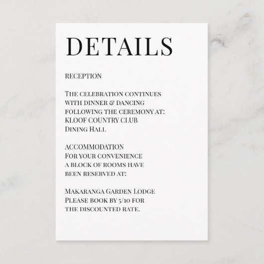 Zwart-wit elegante eenvoudige trouwdetails informatiekaartje (Voorkant)