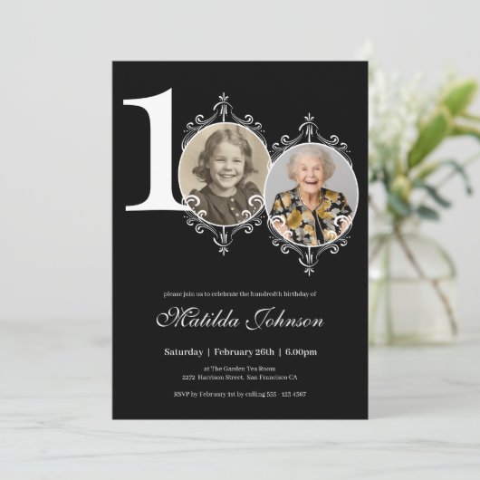 Zwart Wit Elegante Foto 100e Verjaardag Kaart (Staand voorkant)
