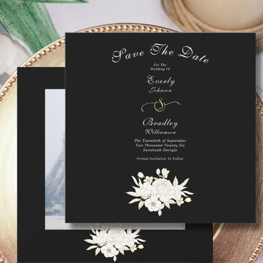Zwart-wit Elegante Gouden Bloemen Rozen Foto Save The Date