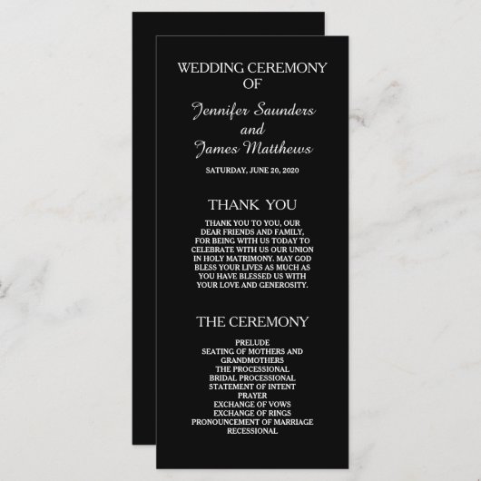 Zwart-wit elegante huwelijksprogramma's programmakaart (Voorkant / Achterkant)