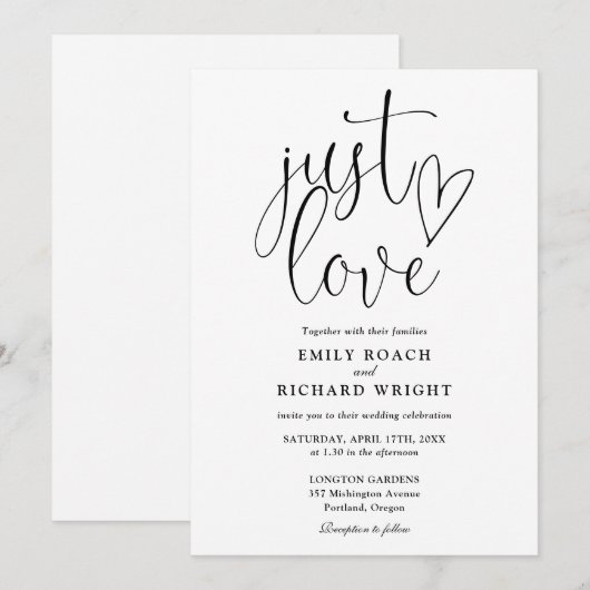 Zwart-wit elegante Just Love Script bruiloft Kaart (Voorkant / Achterkant)