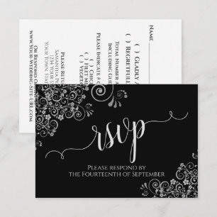 Zwart-wit elegante kalligrafie Frilly Wedding RSVP Kaartje