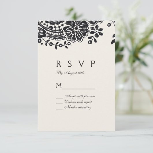Zwart-wit elegante kanten bruiloft RSVP (Staand voorkant)
