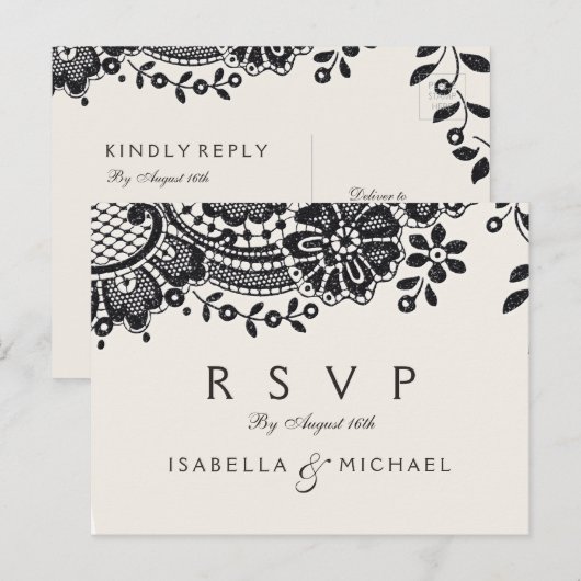 Zwart-wit elegante  kanten bruiloft RSVP Uitnodiging Briefkaart (Voorkant / Achterkant)