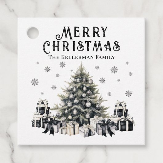 Zwart Wit Elegante Kerstboom Bedankjes Labels (Voorkant)