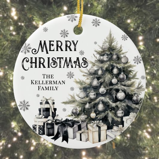 Zwart Wit Elegante Kerstboom Keramisch Ornament