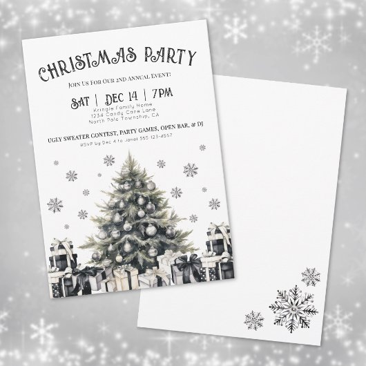 Zwart & Wit Elegante Kerstfeest Uitnodiging