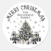 Zwart Wit Elegante Kerstmis Ronde Sticker (Voorkant)