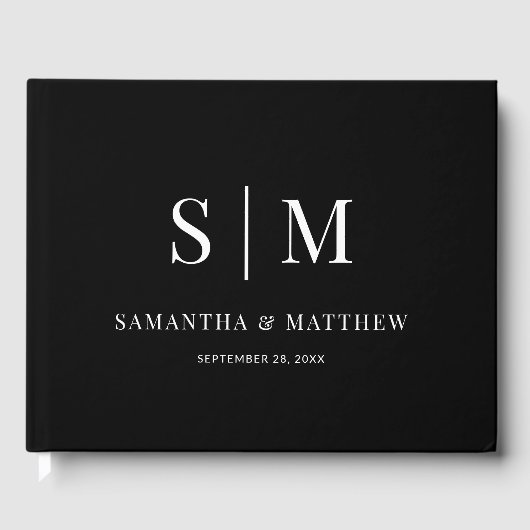 Zwart & Wit Elegante Klassieke Monogram Huwelijk Gastenboek (Voorkant)