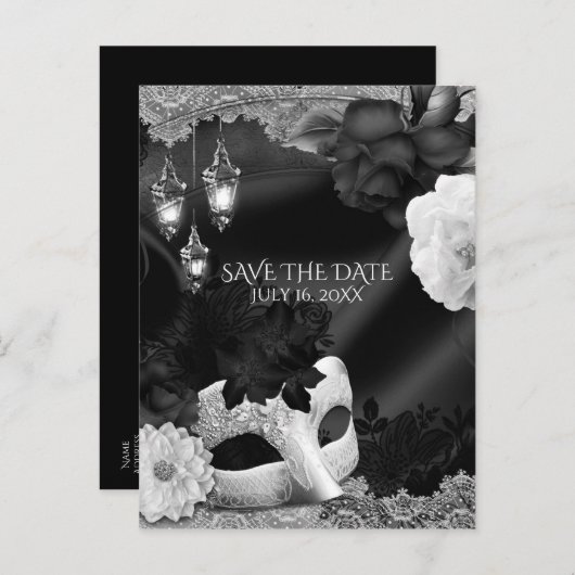 Zwart-wit Elegante Masquerade Bewaar de datum Aankondigingskaart (Voorkant / Achterkant)