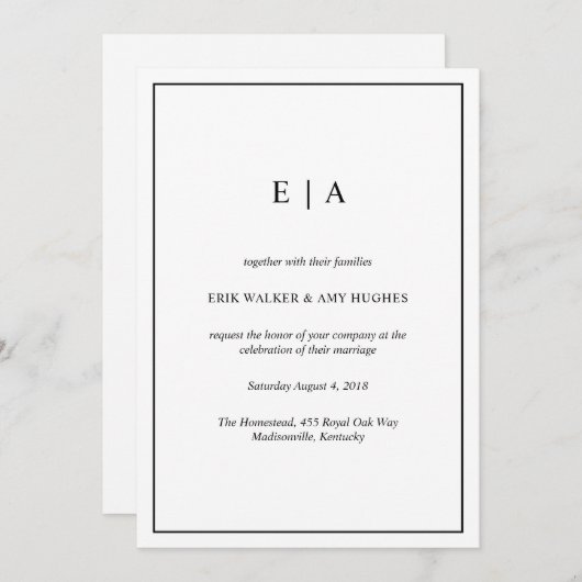 Zwart-wit elegante monogram uitnodiging (Voorkant / Achterkant)