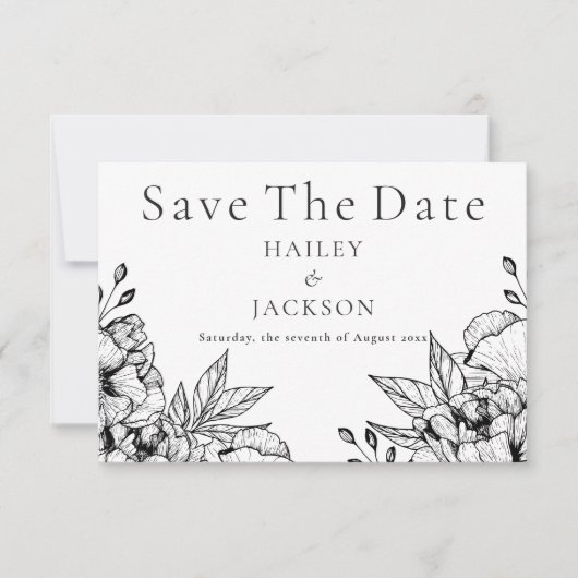 Zwart wit elegante romantische bloemen Save The Da Save The Date (Voorkant)