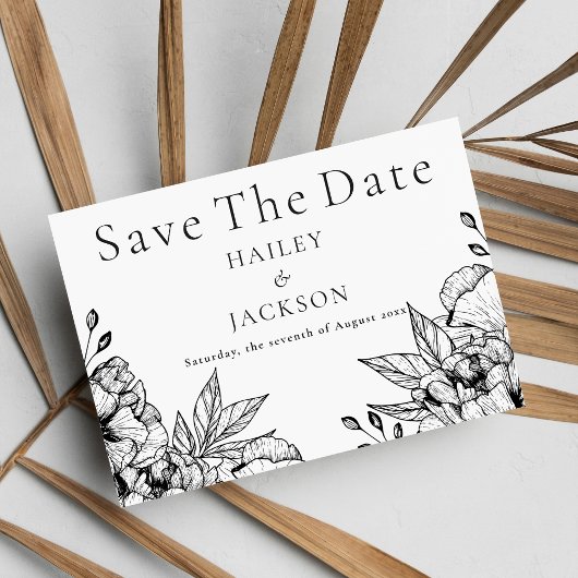 Zwart wit elegante romantische bloemen Save The Da Save The Date