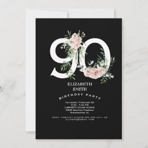 Zwart & Wit Elegante Roze Roos 90ste Uitnodiging