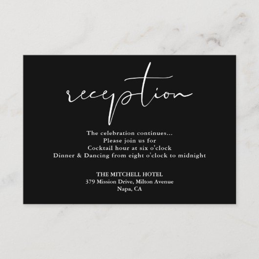 Zwart-wit elegante script bruiloft receptie informatiekaartje (Voorkant)