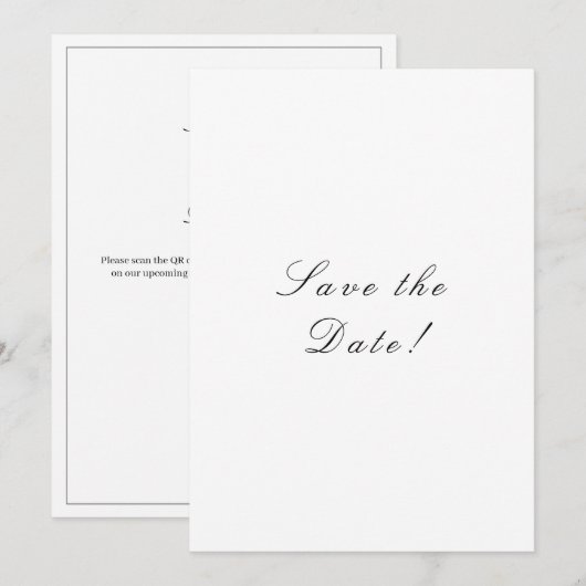 Zwart-wit elegante script QR-code Save The Date (Voorkant / Achterkant)