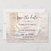 Zwart-wit elegante script trouwfoto save the date (Achterkant)