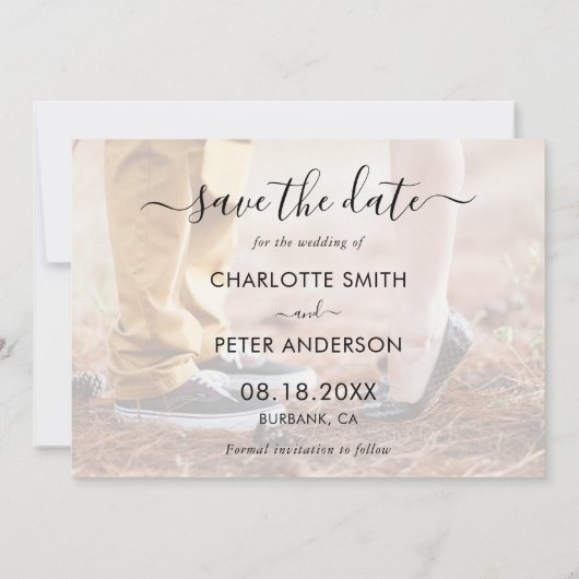 Zwart-wit elegante script trouwfoto save the date (Achterkant)