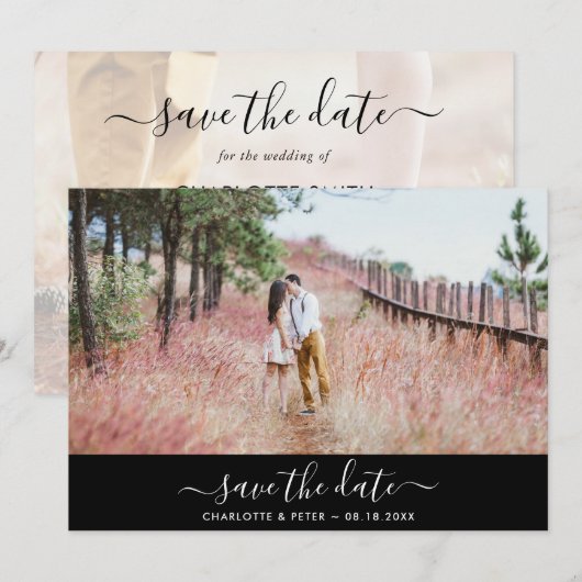 Zwart-wit elegante script trouwfoto save the date (Voorkant / Achterkant)