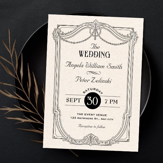 Zwart-wit elegante Vintage gotische bruiloft Kaart