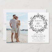 Zwart & Wit Elegante Wilde Bloemen Trouwfoto Save The Date (Voorkant)