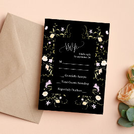 Zwart & Wit Elegante Wildflower Wedding RSVP Kaart