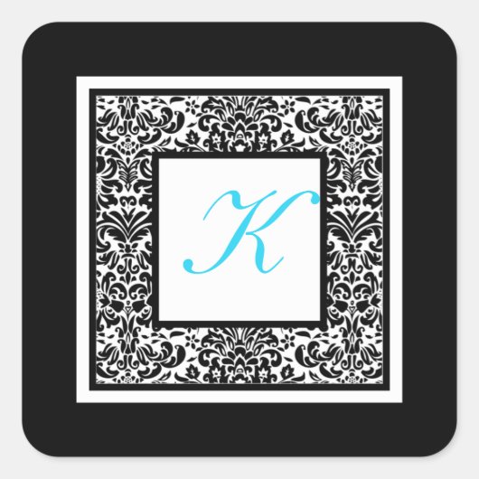 Zwart, wit en blauw Damask Monogram Sticker (Voorkant)