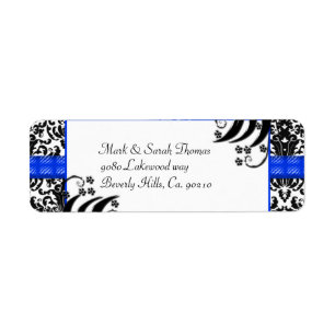 Zwart, wit en blauw Floral Damask Etiket
