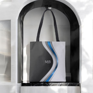 Zwart Wit en Blauw Moderne Curven met Monogram Tote Bag