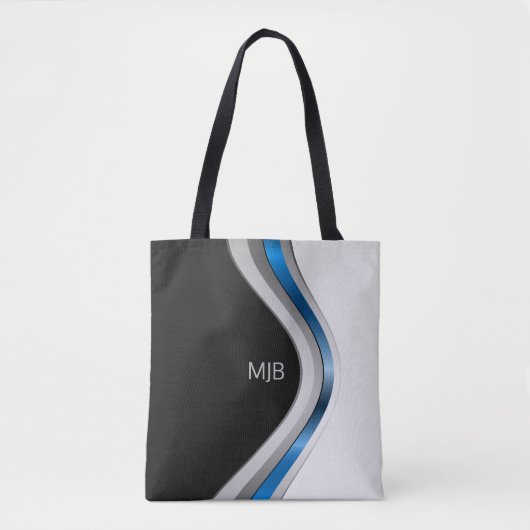 Zwart Wit en Blauw Moderne Curven met Monogram Tote Bag (Voorkant)