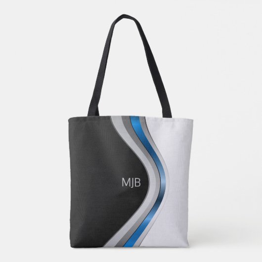 Zwart Wit en Blauw Moderne Curven met Monogram Tote Bag (Achterkant)