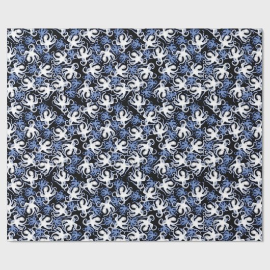 Zwart, wit en blauw Octopus naadloos patroon Cadeaupapier (Vlak)