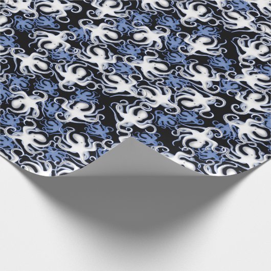Zwart, wit en blauw Octopus naadloos patroon Cadeaupapier (Hoek)