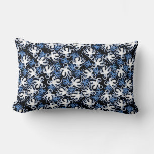 Zwart, Wit en Blauw Octopus Naadloos Patroon Kussen