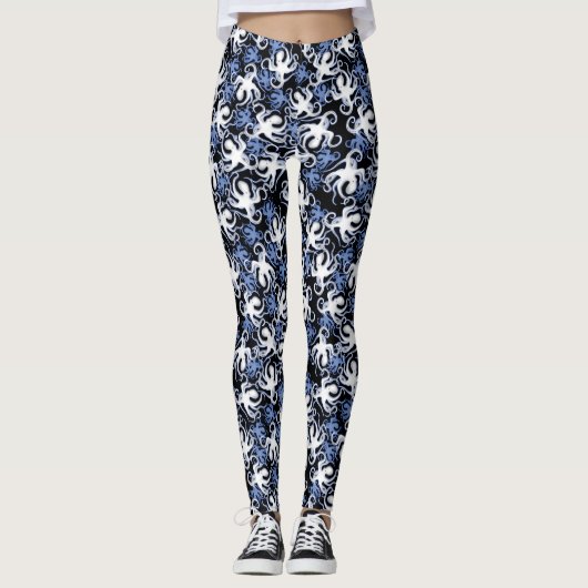 Zwart, wit en blauw Octopus naadloos patroon Leggings (Voorkant)