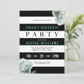 Zwart Wit en Blauwgroen Rozen Sweet 16 Party Kaart (Staand voorkant)