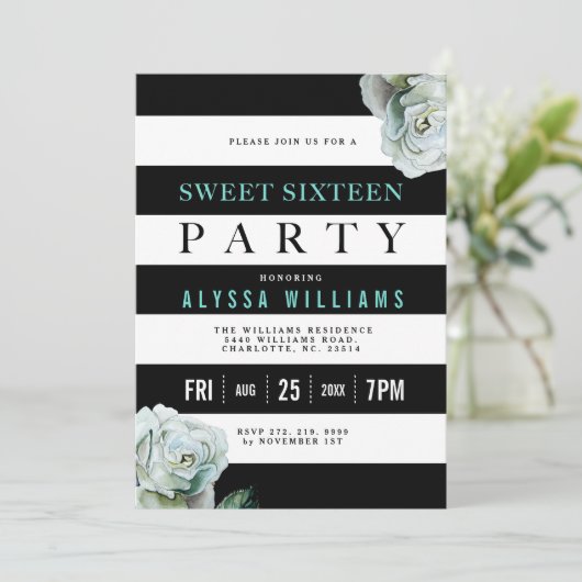 Zwart Wit en Blauwgroen Rozen Sweet 16 Party Kaart (Staand voorkant)