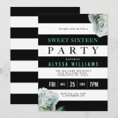 Zwart Wit en Blauwgroen Rozen Sweet 16 Party Kaart (Voorkant / Achterkant)
