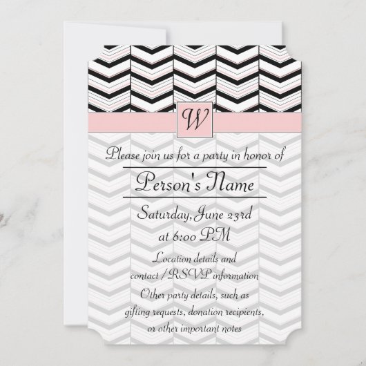 Zwart Wit en Blush Chevron Party Uitnodiging (Voorkant)