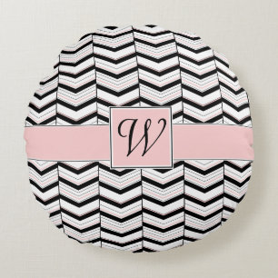 Zwart Wit en Blush Chevron Ronde Kussen