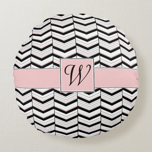 Zwart Wit en Blush Chevron Ronde Kussen (Voorkant)
