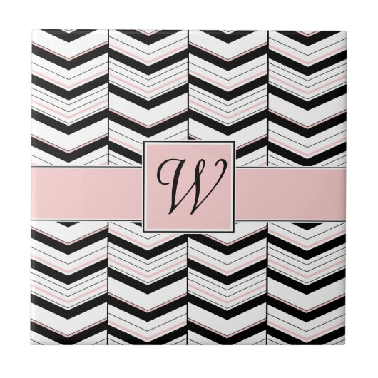 Zwart Wit en Blush Chevron Tegel Tegeltje (Voorkant)