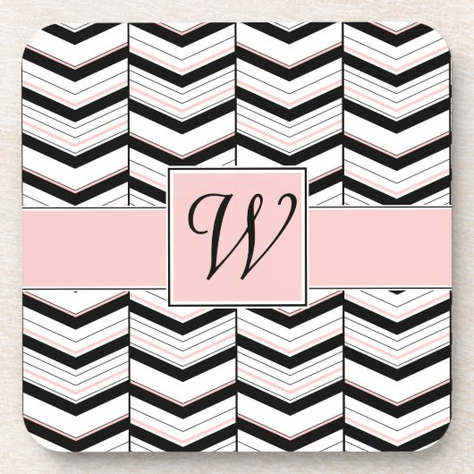 Zwart Wit en Blush Chevron Vierkant Onderzetter (Voorkant)