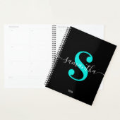 Zwart wit en Bright Turquoise Modern monogram Planner (Display)