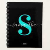 Zwart wit en Bright Turquoise Modern monogram Planner (Voorkant)