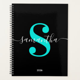 Zwart wit en Bright Turquoise Modern monogram Planner