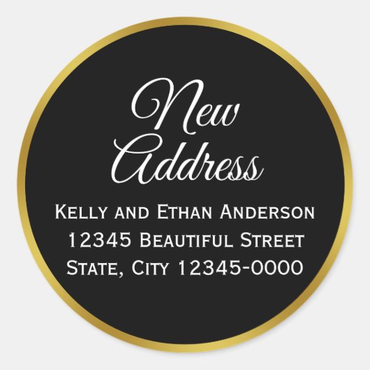 Zwart, Wit en Faux Gold Nieuw Adres Ronde Sticker (Voorkant)