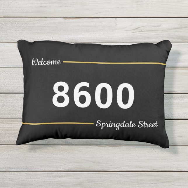 Zwart, wit en Faux Gold Street Adres Porch Buitenkussen (Achterkant)