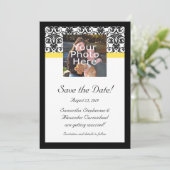 Zwart, wit en geel damast foto save the date (Staand voorkant)