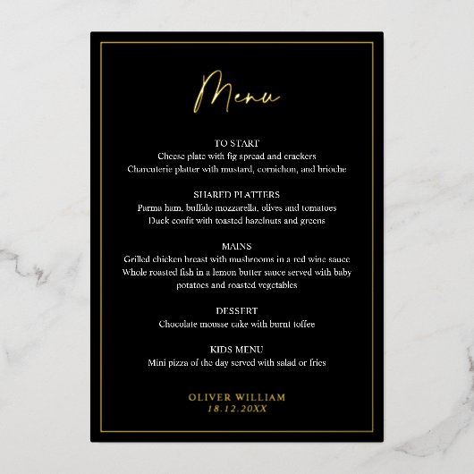 Zwart, wit en Gold Foil Baptisme-menukaart Folie Uitnodiging (Voorkant)